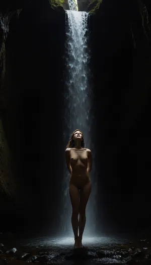 "A nude figure stands under a cascading waterfall in a dimly lit cave. The water streams down, partially obscuring the body, but leaving the silhouette defined in sharp contrast. The motion of the falling water blurs, creating a sense of dynamic energy, while the soft lighting emphasizes the sensual curves of the model's form. The atmosphere is mysterious and cinematic, with the dark, raw environment amplifying both vulnerability and strength."