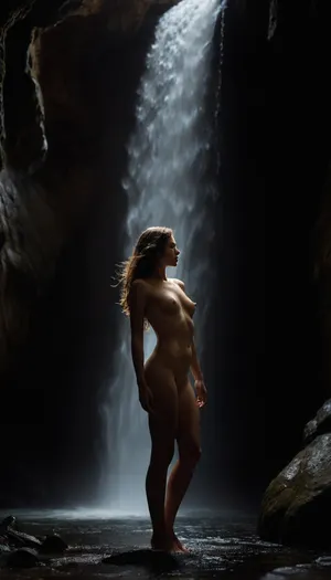 "A nude figure stands under a cascading waterfall in a dimly lit cave. The water streams down, partially obscuring the body, but leaving the silhouette defined in sharp contrast. The motion of the falling water blurs, creating a sense of dynamic energy, while the soft lighting emphasizes the sensual curves of the model's form. The atmosphere is mysterious and cinematic, with the dark, raw environment amplifying both vulnerability and strength."