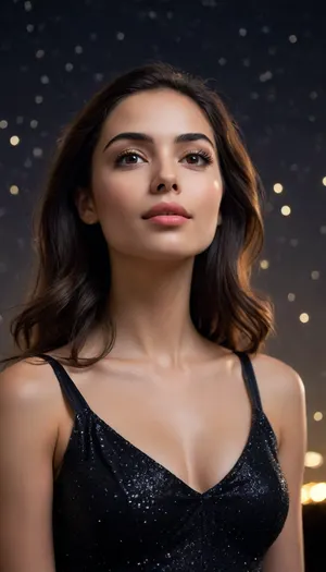 A serene woman with dark hair and warm, golden-brown skin gazing upwards, her eyes fixed on a majestic starry night sky, with a deep black background that fades into the darkness, allowing the twinkling stars to shine brightly, like diamonds scattered across the velvet expanse, her facial features soft and peaceful, with a subtle, enigmatic smile playing on her lips, her eyebrows slightly furrowed in contemplation, as if lost in the vastness of the universe, her slender neck and elegant shoulders relaxed, with a faint, shimmering glow on her skin, as if reflecting the starlight, creating an atmosphere of calmness and wonder.