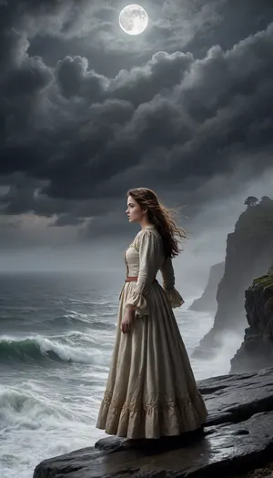 A woman in 17th-century attire stands at the edge of a rocky cliff during a fierce night storm, shrouded in thick mist. Her figure is half-hidden in the swirling fog, her coat billowing as the wind howls. The ocean below is a tumultuous sea of crashing waves, illuminated by flashes of lightning. Above, the moon breaks through the clouds, casting ghostly beams of light that dance and flicker, creating eerie shadows that stretch across the foggy landscape. The woman gazes into the distance, her eyes fixed on an unseen light piercing the storm. The atmosphere is thick with mystery, the interplay of moonlight and shadow adding a surreal, almost magical, sense to the scene, ultra realistic