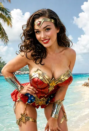 best quality, masterpiece, busty Wonder Woman caught bending over and undressing on Paradise Island with a flirtatious smile at the viewer, lowcut uniform, cleavage, sexy, downblouse, nipslip, gil, elvgren, <lora:MJ52:.8>, <lora:RealDownblouseXL2:.5>, <lora:ge-xl:.6>