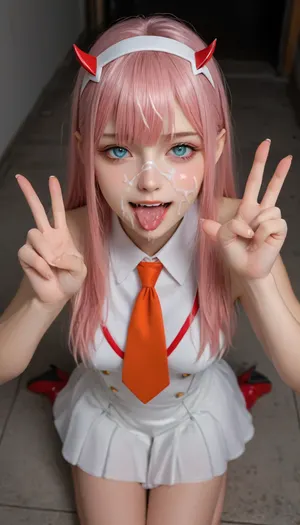 25yo zero two, (anime:1.5), elegant look, full body, eyes droll, pleasing. Looking down on model. Model looking up at viewer., (victory sign with hand), . ahegao, On knees looking up, mouth open tongue out for cum, begging for cum, perfect mouth, perfect teeth, perfect smile, sexy, sensual look, perfect natural breasts, pretty face, huge facial cumshot, huge bukkake, so much cum on her face dripping.
The man standing is masturbating.

Professional majestic photography, (Leica M6 Camera), 24mm, exposure blend, hdr, faded, extremely intricate, High, (fantasy art:1.5), Sharp focus, dramatic, soft cinematic light, (detailed pupils), 4k textures, adobe lightroom, photolab, elegant, soothing tones, insane details, hyperdetailed, realcumAI, cohf, semen, cloth, zero_two_\, (darling_in_the_franxx\), pink_hair, horns, hairband, white_hairband, green_eyes, bangs, uniform, shiny_hair, military_uniform, orange_necktie, zero, two, (darling, in, the, franxx), 1girl, solo, pink, hair, green, eyes, <lora:zerotwo:2>, <lora:zerotwo4-zerotwo4-000009:2>