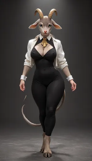 (((Sybil from Pseudoregalia))), (((furry:1.5))), (((anthropomorphic bunny-goat girl:1.3))), (((sleek gray fur:1.3))), long_floppy_goat_ears, (((hooves instead of feet))), bare feet, (((stands in a fighting stance))), large expressive blue eyes with dark lashes, angular golden antler-like horns, tall athletic build, toned and fit body, narrow waist, ((wide hips:1.2)), ((large breasts with nipples sticking out from under clothes:1.1)), ((strong thighs:1.2)), (((long gray tail with tufted tip))), elegant neck, sharp facial features, wearing a tight black sleeveless bodysuit that accentuates curves, short cropped white jacket with rolled-up sleeves and gold cuffs, tight black leggings, confident and determined expression