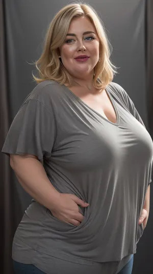 (Close-up:1.3), portrait photo a mature chubby woman, fat huge bosom, fat round face, double chin, 60 years old Woman, blue eyes, dark blonde layered haircut, strong jawline, seductive smile, lips parted, teeth showing, mouth open, looking at viewer, (solid dark grey background:1.3), eye level shoot, film grain, style by Flora Borsi, OverallDetail, downblouse, loose, v-neck t-shirt, leaning, forward, <lora:Lora_Srabonti2023-X4:.1>, <lora:downblouse-v1:.3>, <lora:weight_slider_v2:1.5>