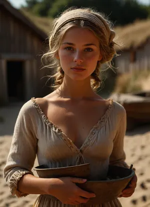 UHD 8K, cinematic masterpiece, score 9, score 8 up, score 7 up, score_9, score_8_up, score_7_up, ((soft focus)), 18th century, blurred background, 8k uhd, ((3/4-body view)), 3/4-body view of deeply tanned naked blonde braided young woman, very beautiful face, firm small breasts, narrow waist, tanned slim body, tanned beautiful young woman naked wearing only open woolen peasant shirt and a headscarf and flat sandals, very deep seamless suntan, woman stands on a beach with dunes and fine sand in England, carrying a bucket of fish, an old fishing boat lies on the shore, woman carrying a bucket with fish, ((beautiful face and naked body and open woolen peasant shirt and headscarf and narrowly trimmed dark blonde pubic hair)), 18th century old run-down wooden cottage in blurred background, warm sun rays from the side, sunny summer day, fairy tale, <lora:MJ52:.7>, <lora:Picture_enhancer:.7>