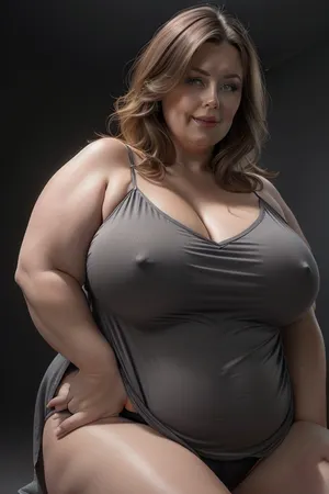 (Close-up:1.3), portrait photo a mature chubby woman, fat sagging bosom, fat round face, double chin, 60 years old Woman, blue eyes, auburn layered haircut, strong jawline, seductive smile, lips parted, teeth showing, mouth open, looking at viewer, (solid dark grey background:1.3), eye level shoot, film grain, style by Flora Borsi, OverallDetail, satin v-neck spaghetti strap camisole, hard nipples, with, pokies, <lora:Lora_Srabonti2023-X4:.1>, <lora:weight_slider_v2:1>, <lora:pokies_9:.5>