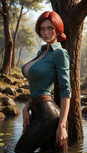 masterpiece, best quality, high resolution, hires, score_9, score_8_up, score_7_up, score_6_up, (Triss Merigold from the Witcher:1.4), incase, style, ratatatat74, solo, side view, close up, large breasts, black leather pants, wide hips, thick thighs, looking at viewer, detailed pupils, leaning against tree, detailed, misty, swamp, <lora:287175_training_data:1.5>, <lora:ratatatat74-000050:1.3>
