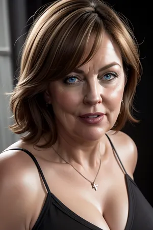 (Close-up:1.3), portrait photo a mature chubby woman, sagging, fat round face, double chin, 60 years old Woman, blue eyes, chestnut layered haircut, strong jawline, seductive smile, lips parted, teeth showing, mouth open, looking at viewer, (solid dark background:1.3), eye level shoot, film grain, style by Flora Borsi, OverallDetail, satin v-neck spaghetti strap camisole, hard nipples, with, pokies, <lora:weight_slider_v2:.5>, <lora:pokies_9:.3>