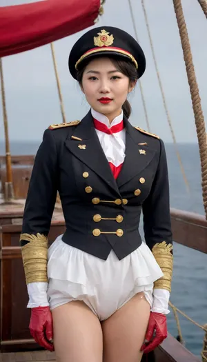 Sexy 25yo, (Asian:2), bright red lipstick, female British admiral in formal naval uniform in 1880, on the deck of a sailing ship, (((small natural breasts))), (((cleavage))), A formal British naval uniform for an admiral in 1880 typically featured a dark blue double-breasted tailcoat with gold epaulettes on the shoulders, signifying rank. The coat had gold braiding and decorative buttons, with a high collar and a standing, military-style neck. For a woman, the uniform would retain these elements, adapted for a more feminine form. The coat would be tailored to fit the waist and flared at the hips, while a fitted, high-neck blouse would be worn beneath. She is wearing a, (very messy:1.9), (adult diaper:1.6), with gold-trimmed boots and a wide-brimmed naval hat adorned with a gold band, full view