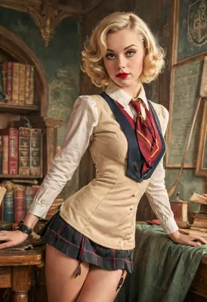 best quality, masterpiece, hogwarts student, blonde bob hair, gil, elvgren, <lora:ge-xl:.8>, <lora:MJ52:.8>