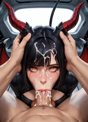 masterpiece, best quality, highly detailed, (anime:1.2), BREAK, male pov, (close up focus on girl's face deepthroating viewer's penis, all the way to the base:1.1), (deepthroat:1.6), looking up, looking at viewer, (succubus desperately trying to tap out by smack viewer's thigh with her hand as she grabs his arm:1.2), ((pov hands, horn grab, grabbing, pressing her head down onto penis, all the way to the base, balls deep, succubus grabbing viewer, she struggles as he pushes her head down to the base of his cock and she grabs the viewer's arms with her hand while also smacking his thigh with her other hand, succubus grabbing viewer's arm with her hand while smacking viewer's thigh with her other hand, succubus struggling)), (really dark science fiction movie scene, extreme darkness, really dark and romantic environment, extremely low lit environment with celestial lighting from outer space being the only source of light), (viewer has a large erect penis twitching, after_facial, succubus sucks on viewer's penis, giving viewer a blowjob, deepthroat, ballsdeep, all the way to base, she slobbers and sucks on his cock covering it with her saliva, her face pressed to the base of his penis as she chokes and gags on his cock as it cums down her throat:1.1), (twitching_penis, overstimulated_penis:1.1), (cum on face), (cum in hair), cum covered clothes, ((oral creampie)), (a gorgeous 25 year old white succubus with, demonic wings on her back, horns, tail:1.2), natural b cup breasts, perfect nipples, (succubus has long black hair bob haircut:1.2), (succubus has orange eyes), (succubus has a pregnant belly:1), slim, athletic, pregnant, gymnast body, (succubus is wearing a really tight and unzipped black bodysuit:1.2), trapped aboard a spaceship, they try to hide together in an unoccupied part of the ship, (together inside a spaceship in outer space, in the background is a really large window showing many battlecruisers in outer space orbiting a black hole, outer space:1.2), realizing they have to wait it out before help can come they decide to have some fun together, (she is having a lot of fun teasing his cock, she keeps bringing him close to orgasm but she is shocked and surprised this time as the viewer grabs her horns as she grabs his arms trying to stop him from forcing her head down his penis, struggling, tears, her head being pressed down by viewer's hands onto his cock all the way to the base as he releases a massive load of cum down her throat, her head pushed down to the base of viewer's penis as it twitches and cums inside her mouth, cum overflows and spurts from her mouth, cum dripping down from lips onto the man's lower stomach:1.3), (extremely dim lighting with source only from celestial lighting from outer space, darkness, extremely dark room, romantic atmosphere:1.2), (extremely dark and romantic environment:1.1), (all lights are out in room, dim celestial lighting from outer space is the only source of lighting:1.1), <lora:Animated_Concept:1>