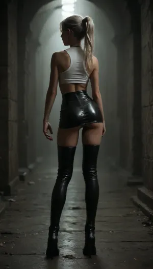 (score_7_up, score_8_up, score_9, 1girl, solo, masterpiece), rear view, view from behind, sultry, seductive, seducing, alluring, intimate, sexual, horny, ((long white ponytail:1.5)), (ultra-micro skirt), 18yo girl, (athletic skin body), (narrow waist:1.4), ((hip gap)), insatiable, lustful, erotica, irresistible, ziprealism, white tube-top with underboob, (white g-strings), erected nipples, black choker, (leather tight-high boots:1.5), oiled skin, (latex stockings:1.5), (black background, chiaroscuro lighting:.5), <lora:sunnyrayyxo_v1_SDXLBase:.4>, <lora:dark:.4>