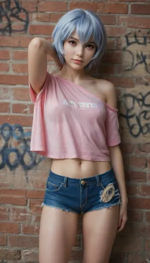 masterpiece, best quality, newest, absurdres, highres, 1girl, solo, ayanami rei, short hair, blue hair, red eyes, (small breasts, round breasts, perky breasts), (athletic body, petite body), jean shorts, short shorts, cutoff shorts, midriff, navel, oversized pink shirt, off shoulder, naughty_smile, standing, leaning back, arching waist, hand behind head, hand on hip, looking at viewer, head tilt, graffiti on background, dim lit, sharp focus, artist, moriimee, GTHAN, (clear_eyes:1.2), (detailed_eyes:1.2)