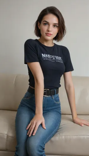 Jill Valentine's appearance from part 3 of the RE game, white background, wearing tight blue jeans with a black belt, and a blue T-shirt, sitting on the couch, hand on knee, smiling, lips made up with lipstick, eyelashes, anime drawing style.