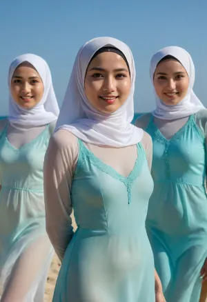 ultra high detailed photo, HD, 3girls, nude petite asian hijab girls posing, extremely detailed face, happy face, innocent smile, seethrough body shillouette, thin fabric long dress, (undercap covering hair), (faded nipples poking), no_underwear, strong backlight, strong front shadow, dynamic pose, low angle, beach, clear blue sky, detailxl, <lora:CinematicStyle_v1:.8>