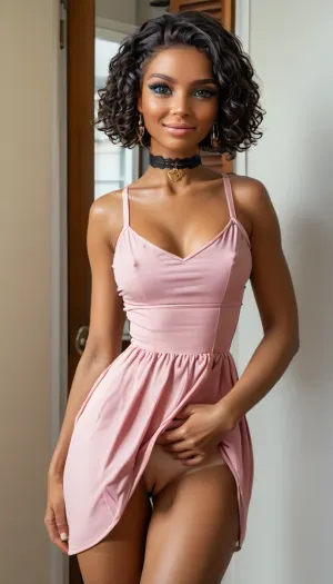 (incredibly beautiful horny sexy flirty escort from a modelling agency:2), (the most amazing prettiest irresistible adorable slutty perfection:2), (looking at viewer like she has a very strong sexual desire to fuck him:2), (flirting with viewer sexily:1.3), (African:1.5), (close:1.2), (long dark eyelashes:1.2), (perfect dark sexy seductive makeup:1.2), (perfect natural lustful kissable lips:1.3), (luscious hair:1.2), (medium length hair swept to side:1.4), (perfect female body:2), athletic, (every young adult part of her is beautiful alluring sexy cute adorable and perfectly proportioned:2), narrow shoulders and chest, (curvy figure:1.3), (very natural shapely perky breasts:1.1), erect nipples, (smooth tight pussy:1.2), (wide hips:1.2), (thigh gap:1.2), (perfect ass:1.2), (muscular thighs:1.1), (beautiful legs:1.4), (tanned:2), (sexy tan lines:1.2), (choker:1.4), (pink dress:1.8), (black thong:1.4), (exposed pussy:1.5), (she is sexy youthful gorgeous perfection on a set of an erotic photoshoot:2), school hallway, <lora:Movie_aesthetic_XL:1.2>, <lora:MJ52:1>, small round ass, petite, lingerie, stockings, ass visible, ass focus