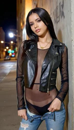 18 year old Venezuelan girl, petite, porn model, long black hair, perfect symmetric face, perky tits, head angled down but eyes staring at viewer, confident seductive pose, playful eyes, tense lips. Fully clothed. Cropped faux leather vest over long-sleeve sheer semi-transparent bodysuit, baggy denim pants with side zippers, layered necklaces, subtle makeup. Photorealistic, ultra detailed. Facing viewer, painted mural wall in background. SLR. Urban lighting.