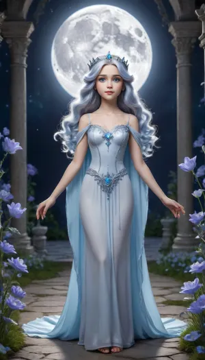 Anime style portrait full length of Princess Selenia from "Arthur and the Minimoys". Graceful Minimoy very small, petit stature, short stature, small body, small breasts, very young, small girl, tiny girl, with long, wavy, blue hair, (shades of cobalt and azure), glowing with a soft silvery light. Large, almond-shaped, kind bright blue eyes resembling stars. Delicate, aristocratic facial features, gentle smile. Wearing an exquisite silver and crystal crescent moon diadem. Dressed in an elegant gown the color of moonlight, (white-silver, with hints of blue and lavender), featuring translucent wing-like sleeves and embroidered with silver stars and crescent moons. Standing in a magical moon garden bathed in the radiant light of a full moon, surrounded by tall glowing blue lumino flowers and transparent crystal statues. Style, Fantasy realism, highly detailed, enchanting, fairytale-like, atmosphere of mystery and serenity, full length view, <lora:1413658_training_data:1.5>