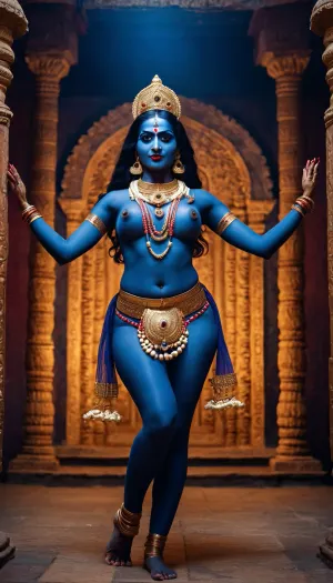 ((Indian goddess Kali)), six arms, thin waist, dark blue skin, large round breasts, nude, necklace of human skulls, dancing bharatanatyam in an ancient Indian temple, full body view, quality 8K