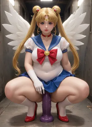 Adult woman, Sailor Moon, costume sailor Moon, front view, sitting on squatting, deep sitting dildo, dildo extreme huge, fat dildo, railway station, Spread her legs wide, sexy woman, huge sagging tits, full body, sexy face, yellow hair, long hair, deep focus, realistic details, ISO 100, realistic pictures, unique graphics, Hd, (blue skirt, red bow, white gloves, red shoes, white stocking), <lora:220437_training_data:2>, <lora:TR-STAND:.8>, aausagi, double, bun, twintails, parted, bangs, blue, eyes, bow, ornament, heart, see-through, multicolored, forehead, mark, wings, brooch, puffy, short, sleeves, yellow, layered, <lora:sailor_moon_animaginexl_v1:.8>, megachubsdxl, morbidly, obese, <lora:megachubsdxl_13:.8>