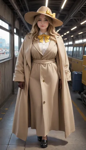 Old woman, bbw, frontal view, railway station, sexy woman, next to the woman is a large suitcase on wheels, huge sagging tits, full body, sexy face, yellow hair, long hair, deep focus, realistic details, ISO 100, realistic pictures, unique graphics, Hd, (beige long coat, big brown hat, yellow bow, brown gloves, black shoes, brown stocking), <lora:220437_training_data:2>, <lora:TR-STAND:.8>