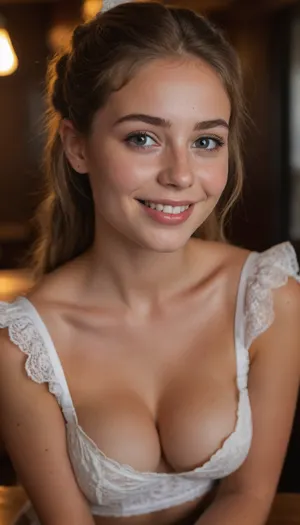 Young 18 years old beautiful young instagram model, slender 21yo very cute girl, very cute face, toned, absolutely naked, ancient viking, very much want have sex, hard nipples, gymnastic well build body, small lips, lots of freckles face and skin, blush on the checks and nose, (raised nasal tip, upturned button nose, upturned nose, delicate nose, nose), hypnotized loving eyes, blush on the cheeks and nose, horny face, very happy smile, sitting on table in a tavern getting fucked in the pussy by man, gen z tiktok girl, slim body, (prepubescent face:1.5), detailed face, beautiful face, good lighting, phone camera shot, amateur photo, camgirl, side view showing off pussy and boobs, make her more tan, with dirtly brown hair, and tan lines, wearing lace maid costume, stockings