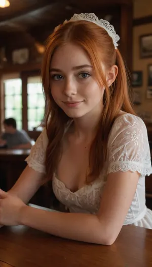 High resolution 18 years old beautiful young instagram model, sitting on table in a tavern spreading ass, gen z tiktok girl, slim body, (prepubescent face:1.5), detailed face, beautiful face, good lighting, phone camera shot, side view showing off pussy and boobs, make her more tan, with dirtly ginger hair, and tan lines, wearing lace maid costume