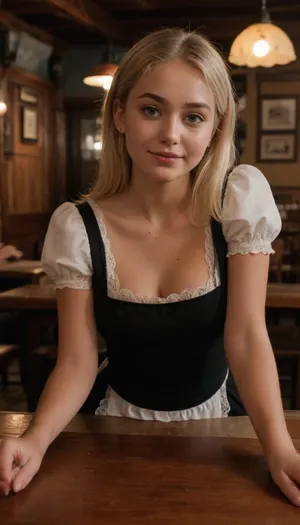 High resolution 18 years old beautiful young instagram model, sitting on table in a tavern spreading ass, gen z tiktok girl, slim body, (prepubescent face:1.5), detailed face, beautiful face, good lighting, phone camera shot, side view showing off pussy and boobs, make her more tan, with dirtly blonde hair, and tan lines, wearing lace maid costume