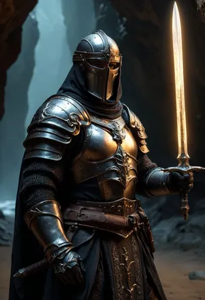 Uber realistic, 8k, ultra detailed, masterpiece, mature male fantasy paladin warrior, (holy armor), holding polearm in right hand, underground cave, (full_helmet:1.3), closed_helmet, visor, (face covered:1.5), night, realistic detailed eyes, realistic detailed armor, realistic detailed body, realistic detailed skin, hkstyle, <lora:add-detail-xl:1.5>, <lora:style_lora_realis:1>, <lora:dark:.8>, <lora:hkstyleV5:1>, detailxl