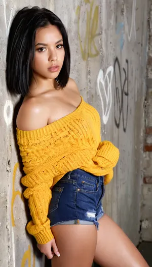 18 year old Venezuelan girl, petite, porn model, straight black hair, perfect symmetric face, perky tits, head angled down but eyes staring at viewer, confident seductive pose, playful eyes, tense lips. Fully clothed. Off-the-shoulder knit sweater with short shorts, ankle boots, natural toned makeup, simple gold jewellery. Photorealistic, ultra detailed. Facing viewer, graffiti riddled wall in background. SLR. Dramatic lighting.