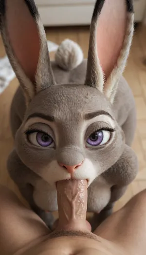 (Furry, Judy Hopps from "Zootopia":1.7), ((Disney)), rabbit, large round breasts, round ass, hourglass figure, naked, blowjob, sucking cock, deepthroat, all the way down, male pov