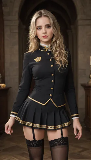 (masterpiece, high definition, 4k), 19 yo girl, blonde curly long ponytail, smokey eyes, glossy lips, perfect makeup, Ravenclaw uniform, mini skirt, stockings, hogwarts