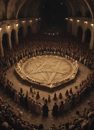 (high angle view), cave, spiders, candles everywhere, books, pentagram, (crowd, a lot of cloaked figures standing near altar:1.4), nude gorl in a center of pentagram, <lora:RMSDXL_Enhance:.8>, <lora:MJ52:.8>