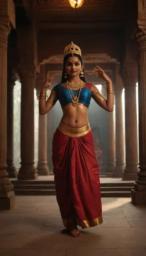 Indian goddess Kali dances bharatanatyam in an ancient Indian temple, full body view, quality 8K