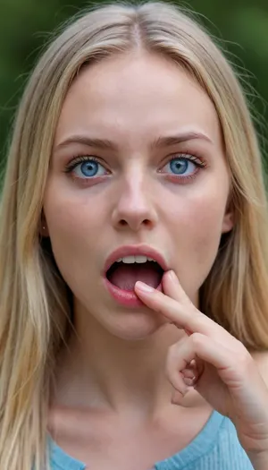 Beautiful swedish 20 year old skinny girl with blue eyes, long blonde hair and cum on her face putting two fingers in her wide opened mouth