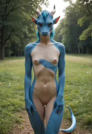 Dragon, furry, antro, trans, naked, flat chest, scars under the breasts from the trance transition, very wide hips, very plump tummy, toned physique, blue leather, long tail, tight pussy, front view, bright sunlight, fields, expanses, steppes, 3d