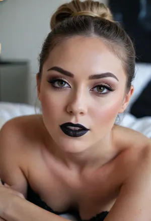 ecstatic beautiful woman with a dreamy expression, light eyes, (bold winged eyeliner), 1.3, hair tight ponytail, in her 20s, laying on her side, (indirect lighting), eye contact, 8k, mouth open, black lipstick, <lora:cockteaseLoRASDXL:1>