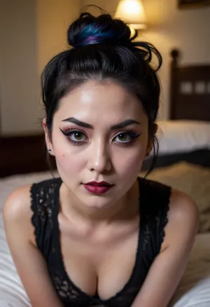 Smirking Japanese goth woman, (bold eyeliner), drunk, sweaty, black lips, black hair, hair in messy bun, black highlights, (indirect lighting), laying in bedroom