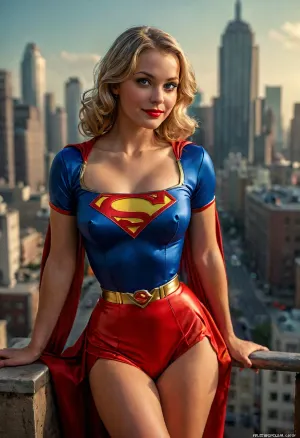 best quality, masterpiece, Supergirl with the cityscape of Metropolis behind her with a flirtatious smile at the viewer, lowcut uniform, cleavage, sexy, retro-pinup, downblouse, (nipslip:1), gil, elvgren, braless, Wearing, clothes, that, make, sense, with, Braless>, <lora:RealDownblouseXL2:.5>, <lora:ge-xl:.8>, <lora:MJ52:1>, <lora:bralessSDXL_v1_00022:.5>