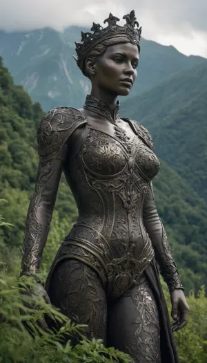 Queen, Insanely detailed, steel monument, detailed texture, giant, close up, female sculpture, clothing, apocalypse, greenery, over_grown, large area, mountains, photo captured by DSLR camera, ULTRA HD, extreme realism, 8k