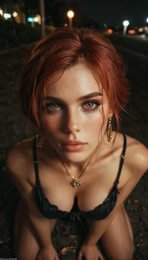 Famous pornstar Triss Merigold, small round ass, watching at you, score_9, score_8_up, score_7_up, score_6_up, beautiful face, perfect makeup, kneeling top down view, looking up, at night, night, midnight, darkness, shadows, (amateur photo, snapshot aesthetic:1.4), ziprealism, <lora:Movie_aesthetic_XL:.8>, <lora:MJ52:.8>