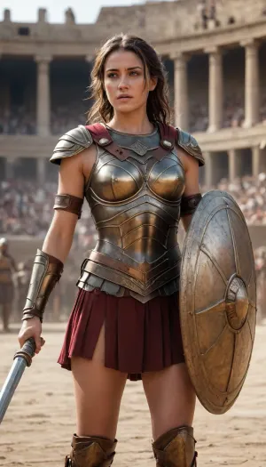 This image appears to be a digitally generated artwork, likely created with the help of AI tools. It depicts a fierce female warrior standing confidently in the middle of what resembles an ancient Roman coliseum. She is wearing bronze-colored armor, her boobs exposing out the armour including a detailed breastplate, gauntlet, and a skirt made of leather strips. She holds a short sword in one hand and a round shield in the other. Her expression is intense and commanding, adding to her powerful and heroic presence. The background shows a cheering crowd and other gladiators, reinforcing the epic and historical setting. The lighting and details suggest high-quality digital rendering.