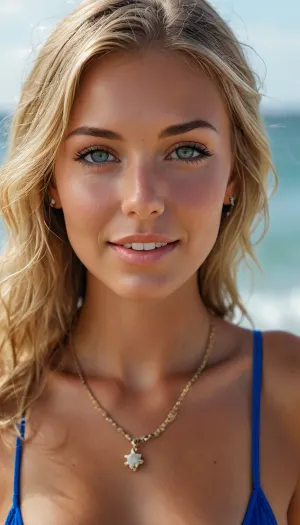((ultra photorealistic professional close-up Face portrait)), (one gorgeous lady:1.2), confident 22 year old, (beautiful eyes:1.3), (tall and slender:1.4), (dark seamless tan:1.2), (perfect tan:1.5), (big tits:1), (perfect tits:1), (micro bikini:1.3), cute smile, long light blonde hair blowing in the sea breeze, (necklace, deep blue vibrant eyes, bracelets, piercings), <lora:MJ52:1.1>, (((very very big nipples 3, 0)))