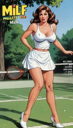(one female drawn:1.6), (illustration:1.6), (hand drawn:1.6), (comic book cover:1.6), (TITLE text, "my girl's boobs":1.1), (milf:1.6), 35 years old tall voluptuous body, with wavy brunette hair, huge natural sagging boobs, bottom naked, white micro tennis skirt, white croptop with cleavage, playing tennis on a grass court, <lora:iltromba_artwork_style_smm_SDXL_LORA_v07:.5>, <lora:text:1.1>