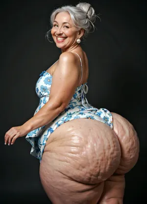 ultra realistic, side view, very old 80 years old woman is walking, super big nose, double chin, round cheeks, bouncing butt, big fat obese mature mexican grandmother, white hair, plump chubby stacked woman, very old, fat, plump, barely cellulite, flat chest, floral seethrought summer dress, ((oversized rounded butt)), hairbun, good hands, perfect fingers, oversized hips, (super big round butt:1.8), (super rounded butt), gigantic curvy butt, old wallpaper background, ohwx25, woman, big smile, gaped teeth, happy, <lora:happy_v2:2>