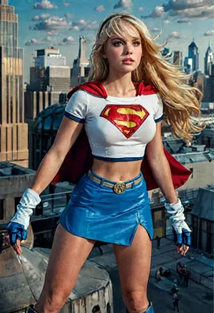 (cowboy shot), sfw, (masterpiece), (best quality:1), (ultra highres:1), detailed eyes, BREAK, Supergirl, 1girl, long blonde hair, midair, flying
hairband, \, (white\), crop top, short sleeves, cape, blue pencil skirt, gloves, boots
BREAK, (clouds, city, gorgeous view), braless, Wearing, clothes, that, make, sense, with, Braless>, <lora:MJ52:.8>, <lora:bralessSDXL_v1_00022:.3>
