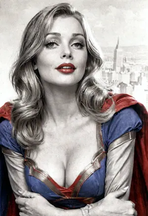 best quality, masterpiece, Supergirl with the cityscape of Metropolis behind her with a flirtatious smile at the viewer, lowcut uniform, cleavage, sexy, retro-pinup, downblouse, (nipslip:1), gil, elvgren, braless, Wearing, clothes, that, make, sense, with, Braless>, <lora:RealDownblouseXL2:.5>, <lora:ge-xl:.8>, <lora:bralessSDXL_v1_00022:.5>, <lora:style_lora_realis:1>