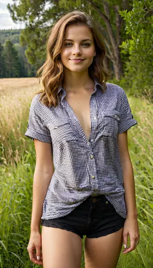 25 yo woman, light-brown hair, naked, wearing a black t-shirt under a black-and-white checked button-down shirt. no pants, no panties She wears black athletic shoes. Smiling gently, she stands with a relaxed pose, The environment is a grassy field, with trees and shrubs in the background. Natural daylight illuminates the scene, casting soft shadows. The colors are muted and natural, with greens, browns, and grays dominating the palette. The overall mood is casual, friendly and outdoorsy. The composition is a full shot, eye-level view, showcasing the subject from the mid-thigh up, capturing a relaxed and approachable atmosphere. The perspective is straight-on, displaying a calm and neutral outlook. The textures are smooth and natural on clothing., panties, pulled, to, side, pussy, shaved, <lora:Pussy_pants_nohands_D03_realvizXL2_bucket_01-000010:.5>