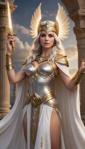 A divine, majestic goddess Athena styled as a regal, powerful Mu-telu fantasy deity — tall and graceful, with radiant porcelain skin, flowing glowing silver hair tinged with bronze, piercing grey eyes full of wisdom and power. She wears an intricate white and gold divine robe with armor-like golden patterns, subtly adorned with owl and olive motifs. A golden helmet rests lightly upon her head, and she holds a gleaming spear in one hand while extending the other gracefully toward the viewer to bless them. A sacred, shimmering aura of wisdom and protection radiates from her palm, surrounded by glowing geometric runes and celestial rings. Behind her, an ancient Greek temple of wisdom stands atop Mount Olympus, wrapped in swirling dramatic clouds and soft divine light, with flashes of lightning illuminating the sky. Ultra-realistic, cinematic fantasy style, rich in magical and spiritual essence, high detail.
