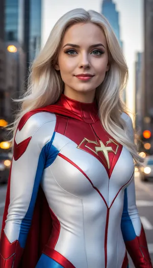 photorealistic highly detailed standing beautiful Caucasian 25yo woman, ((superhero style)), dreamy face expression, happy, smile, looking at camera, long platinum hair with streaks, perfect slender face, slim, stylish loose-fit white/red/blue outfit, matte carbon armor, vivid vibrant make-up, epic character composition, [[goth]], sharp focus, evening, global illumination, masterpiece, [divine], background is unfocused cityscape, photo-realism, cinematic, dramatic, increased saturation and contrast boost